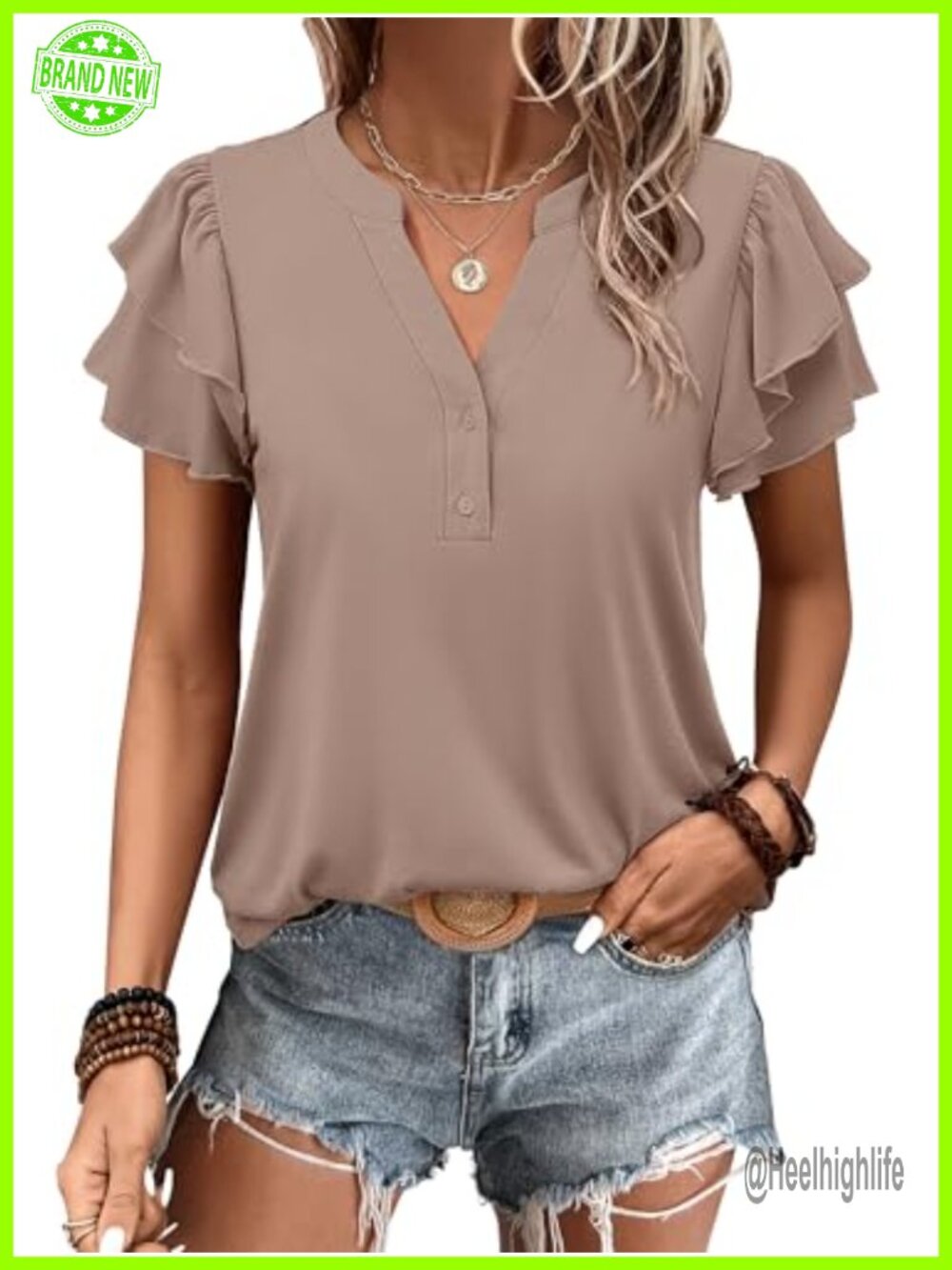 Womens Dressy Casual Loose Fit V-Neck Blouse with Flutter Short Sleeves